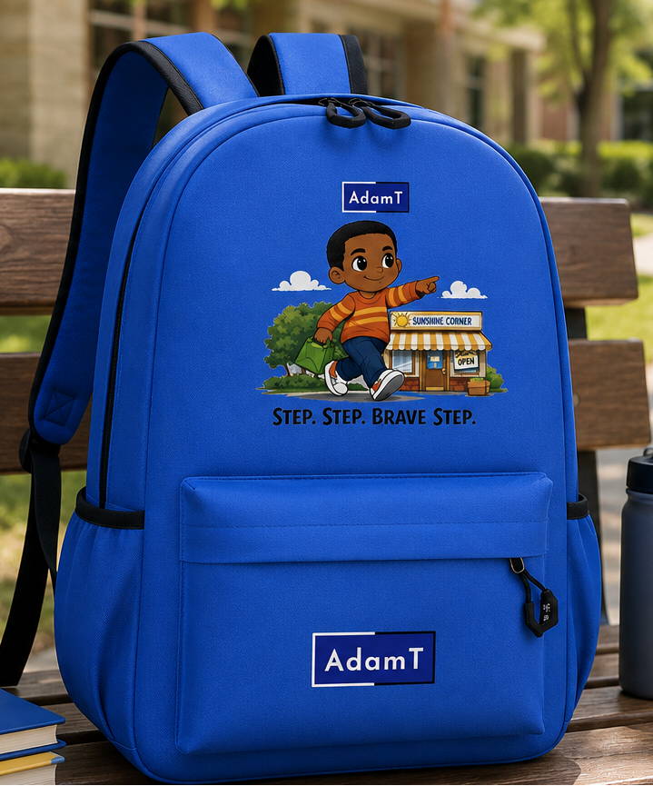 A bright blue backpack with black straps and trim, featuring a cartoon graphic of a boy stepping forward in front of a small diner and the text 'STEP, STEP, BRAVE STEP.' A matching blue patch-style label reading 'AdamT' is printed on the front pocket area.