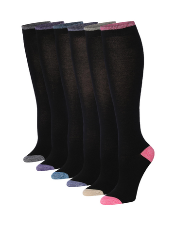 Tipi Toe Women's 6 Pairs Solid Black Color Patterned Knee High Socks