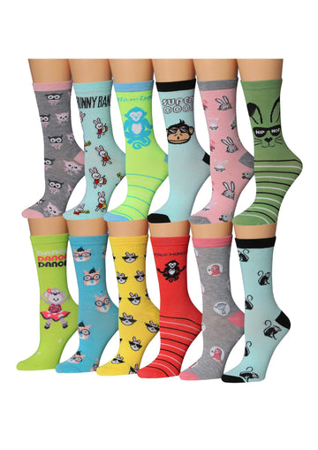 Tipi Toe Women's 12 Pairs Lightweight Colorful Patterned Crew Socks