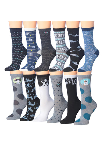 Women's 12 Pairs Lightweight Crew Socks – Colorful Fish & Cat Patterns