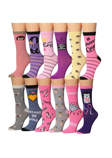 Women's 12 Pairs Lightweight Crew Socks – Colorful Queen Love Patterns