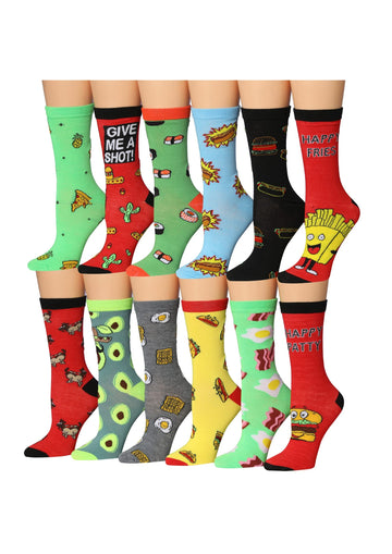 Women's 12 Pairs Lightweight Crew Socks – Colorful Pizza, Fries,