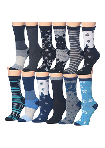 Women's 12 Pairs Lightweight Crew Socks – Colorful Snowflakes Winter