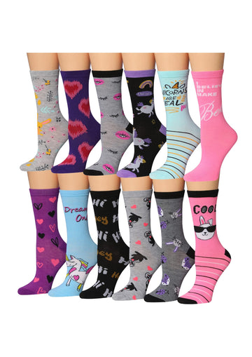 Women's 12 Pairs Lightweight Crew Socks – Colorful Heart, Rabbit, Cat,