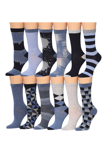 Tipi Toe Women's 12 Pairs Lightweight Colorful Patterned Crew Socks