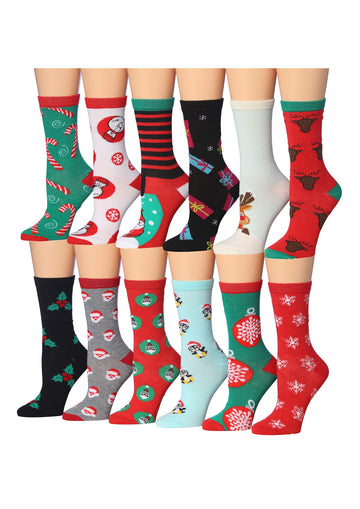 Women's 12 Pairs Lightweight Crew Socks – Colorful Christmas Patterns