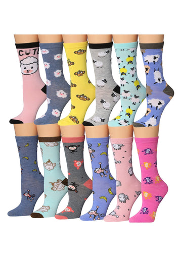 Women's 12 Pairs Lightweight Crew Socks – Colorful Monkeys & Sheep