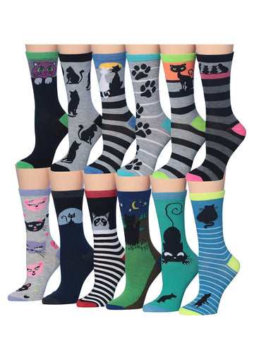 Tipi Toe Women's 12 Pairs Lightweight Colorful Patterned Crew Socks