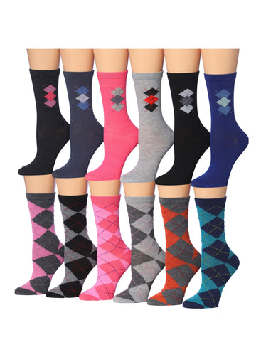 Women's 12 Pairs Lightweight Crew Socks – Colorful Diamond Argyle