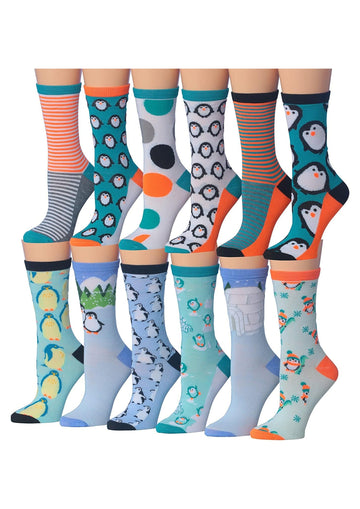 Women's 12 Pairs Lightweight Crew Socks – Colorful Penguins Design