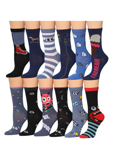 Tipi Toe Women's 12 Pairs Lightweight Colorful Patterned Crew Socks