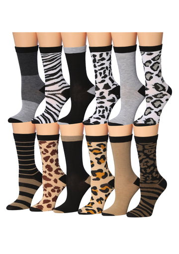 Women's 12 Pairs Lightweight Crew Socks – Black White & Brown Animal