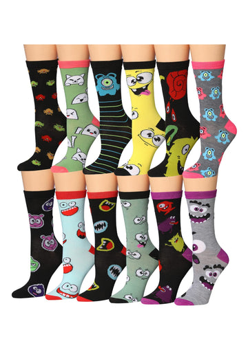Tipi Toe Women's 12 Pairs Lightweight Colorful Patterned Crew Socks