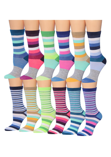 Women's 12 Pairs Lightweight Crew Socks – Colorblocks Striped Patterns