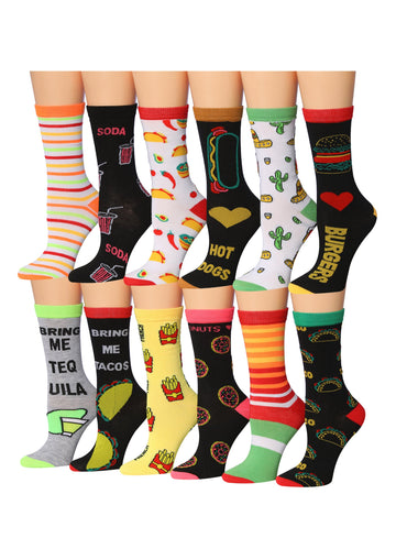 Women's 12 Pairs Lightweight Crew Socks – Colorful Fast Food Variety