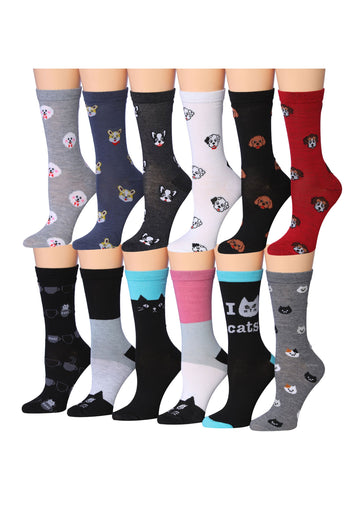 Women's 12 Pairs Lightweight Crew Socks – Colorful Dog & Cat Patterns