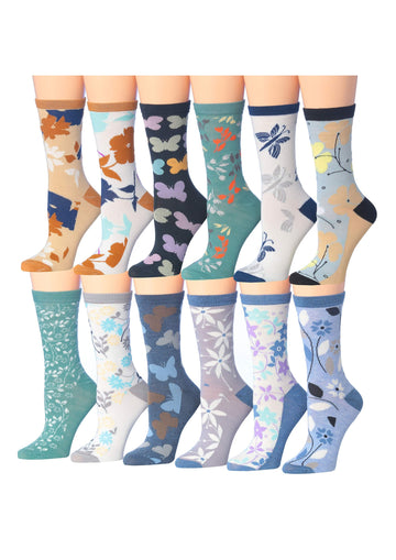 Women's 12 Pairs Lightweight Crew Socks – Colorful Nature Leaf Flower