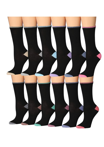 Women's 12-Pairs Lightweight Fun Plain Black Accented Toe Heel Colored