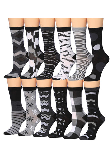 Women's 12 Pairs Lightweight Crew Socks – Variety Black White Colors