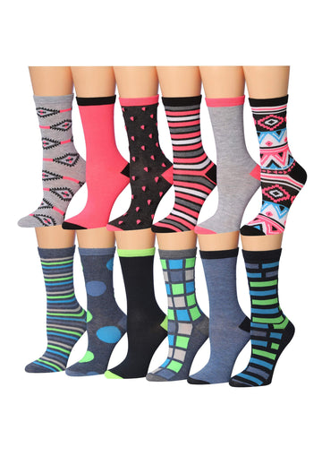 Tipi Toe Women's 12 Pairs Lightweight Colorful Patterned Crew Socks