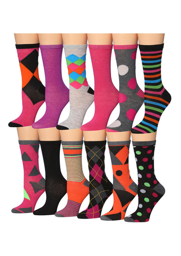 Women's 12 Pairs Lightweight Crew Socks – Red Orange Argyle Polka Dots