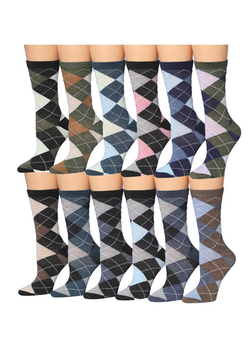 Tipi Toe Women's 12 Pack Lightweight Soft Color Argyle Socks For Women