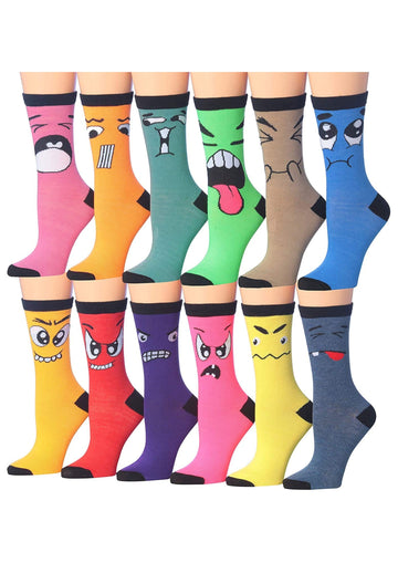 Women's 12 Pairs Lightweight Colorful Funny Crazy Face Patterned Crew