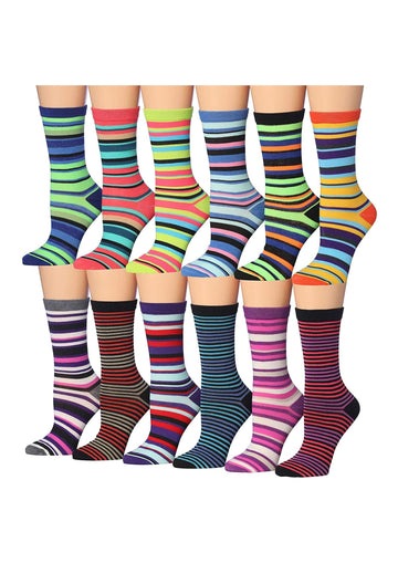 Tipi Toe Women's 12 Pairs Lightweight Colorful Patterned Crew Socks