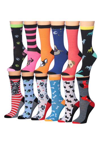 Tipi Toe Women's 12 Pairs Lightweight Colorful Patterned Crew Socks