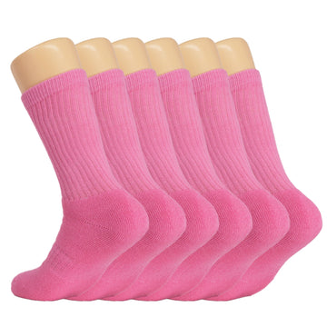 6 Pairs Women's Pink Cotton Crew Socks Size 10-13 with Terry Cushion