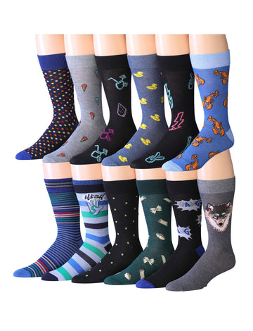 Men's 12 Pairs Casual Novelty Eclectic Animal Colorful Patterned Dress