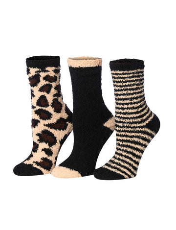Women's 3 Pairs Cozy Microfiber Soft Anti-Skid Cheetah Design Colorful