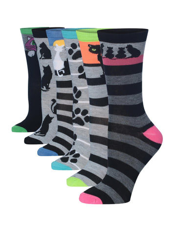 Women's 6-Pairs Lightweight Novelty Colorful Fashion Crew Cat Paw