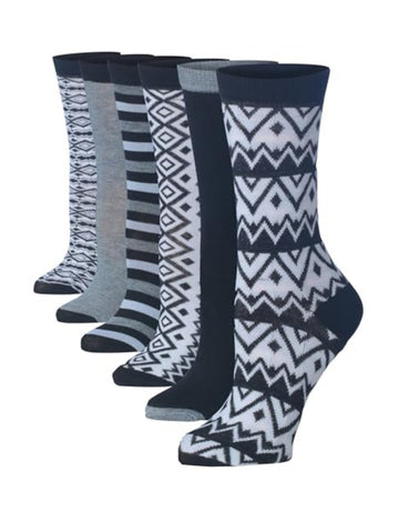 Women's 6 Pairs Variations Diverse Designs in Shades of Gray Crew