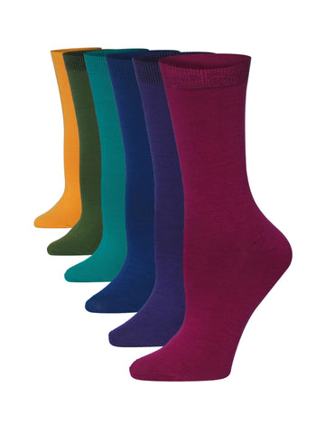 Tipi Toe Women's 6-Pairs Rich Colorful Vivid Plain Crew Dress Socks
