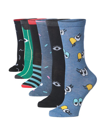 Women's 6-Pairs Colorful Dreamscape Funky Stripes Eyes Patterned Crew