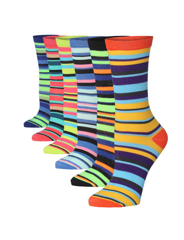 Women's 6-Pairs Colorful Energetic Neon Fusion Funky Striped Patterned