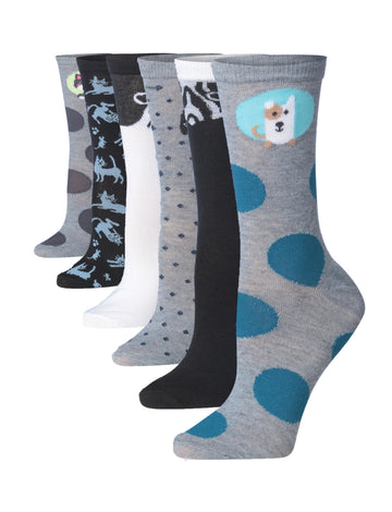 Women's 6-Pairs Monochrome Funky Pet Lover Furry Patterned Crew Dress