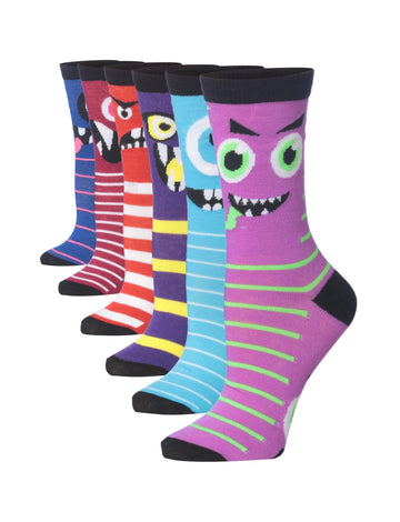 Women's 6-Pairs Colorful Rainbow Smiles Funky Adorable Monster Striped