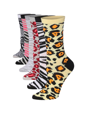 Women's 6-Pairs Colorful Funky Wild Safari Leopard Patterned Crew