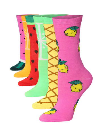 Women's 6-Pairs Colorful Light Colors Funky Fuity Patterned Crew Dress