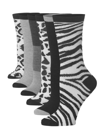 Women's 6-Pairs Monochrome Funky Wild Animal Instincts Patterned Crew