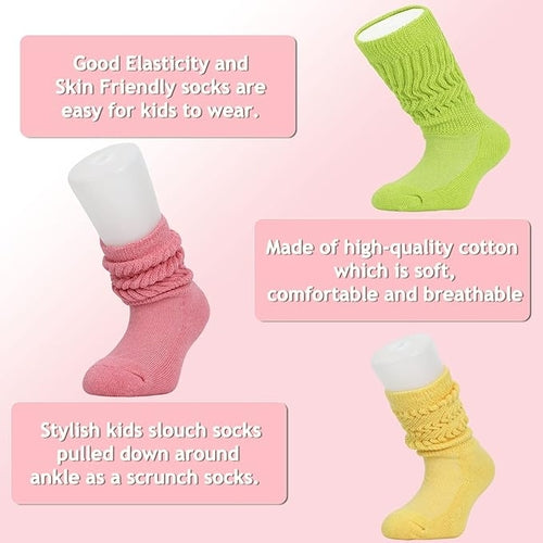 Kids Cotton Knee High Slouch Socks, 3 Pairs, Ages 3-15, Elastic &