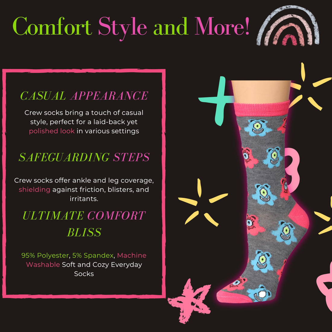 Women's 6-Pairs Colorful Classic Funky Patterned Crew Dress Socks
