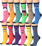 Women's 12 Pairs Lightweight Colorful Funny Crazy Face Patterned Crew