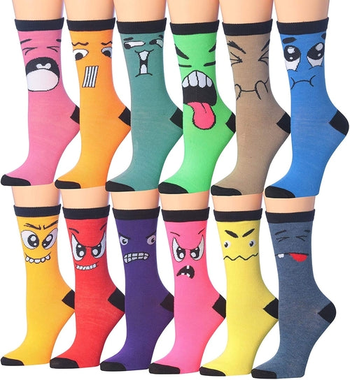 Women's 12 Pairs Lightweight Colorful Funny Crazy Face Patterned Crew