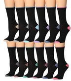 Women's 12-Pairs Lightweight Fun Plain Black Accented Toe Heel Colored