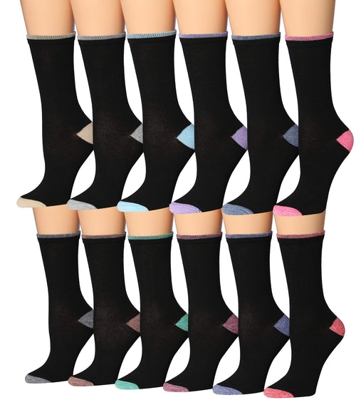 Women's 12-Pairs Lightweight Fun Plain Black Accented Toe Heel Colored