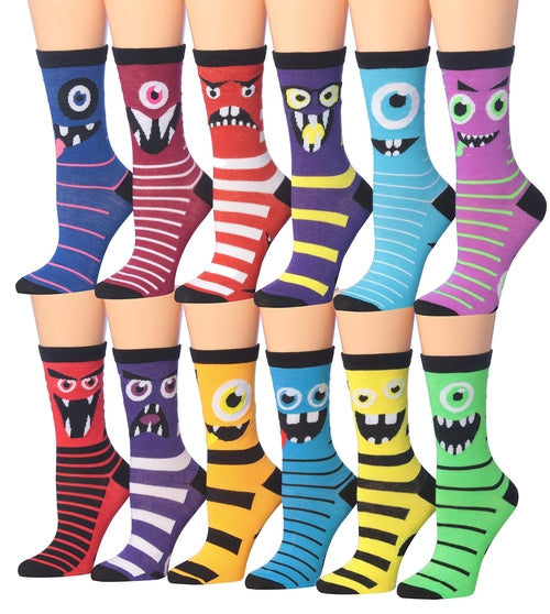 Women's Plus Size 12 Pairs Lightweight Colorful Funny Monster Faces