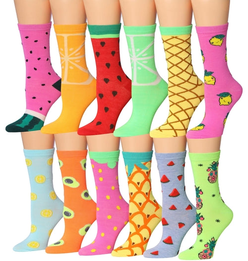Women's 12 Pairs Lightweight Colorful Strawberry Orange Lime Pineapple